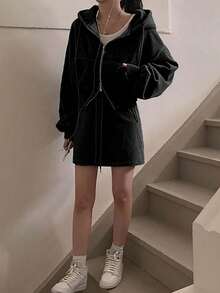 YCYC Women's Autumn Vintage Corduroy Hooded Jacket + Drawstring High Waist Skirt 2 Pieces Set - Black - View 3