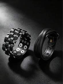 2pcs Black Personalized Fashion Textured Punk Style Sports Bracelet, Suitable For Men's Holiday Party Fashion Wear, Exquisite Gift For Men - Black - View 1