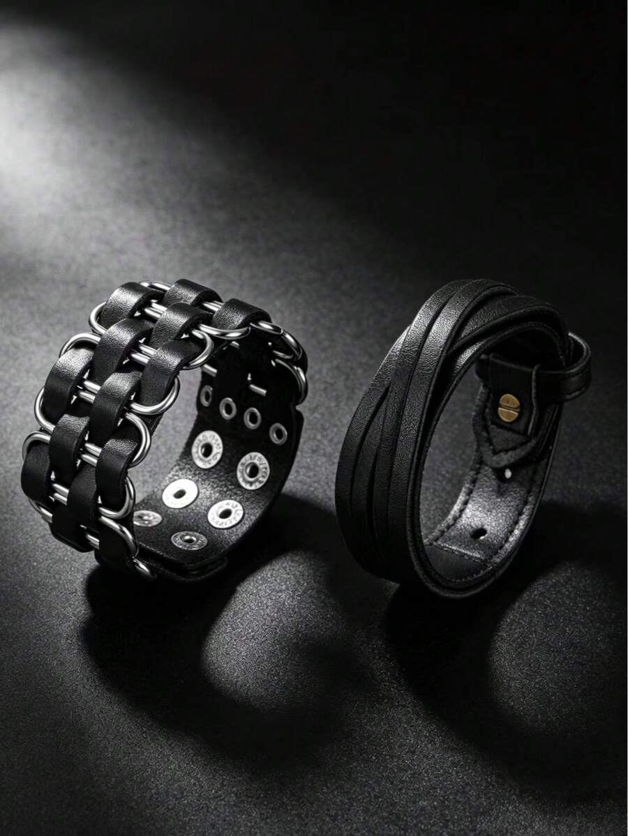 2pcs Black Personalized Fashion Textured Punk Style Sports Bracelet, Suitable For Men's Holiday Party Fashion Wear, Exquisite Gift For Men - Black - View 1