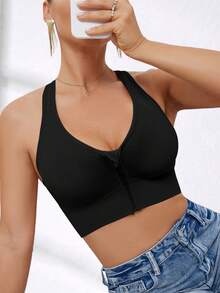 Women's High Intensity Front Zip Seamless Wireless Sports Bra, Suitable For Spring, Summer, Autumn And Winter - Black - View 10