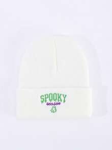 1pc Or 2pcs Women's Embroidered Letter SPOOKY Ghost Knit Beanie Hat, Brimless Cap, Suitable For Halloween, Autumn/Winter Warmth, Daily Wear And Outfits - A - View 3
