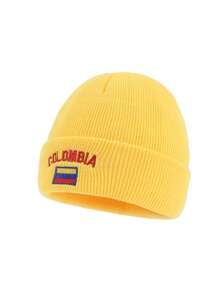 1pc Women's Letter Colombia Flag Embroidered Knit Beanie Hat, Brimless Cap Suitable For Autumn/Winter Warmth, Daily Outfits - A - View 3