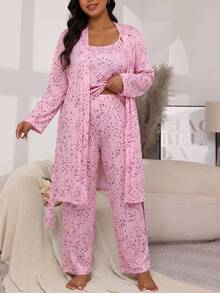 Plus Size Women's 3 Pieces Pajama Set Camisole + Robe + Long Pants, Casual Comfortable Loungewear For Autumn/Winter - Pink - View 1