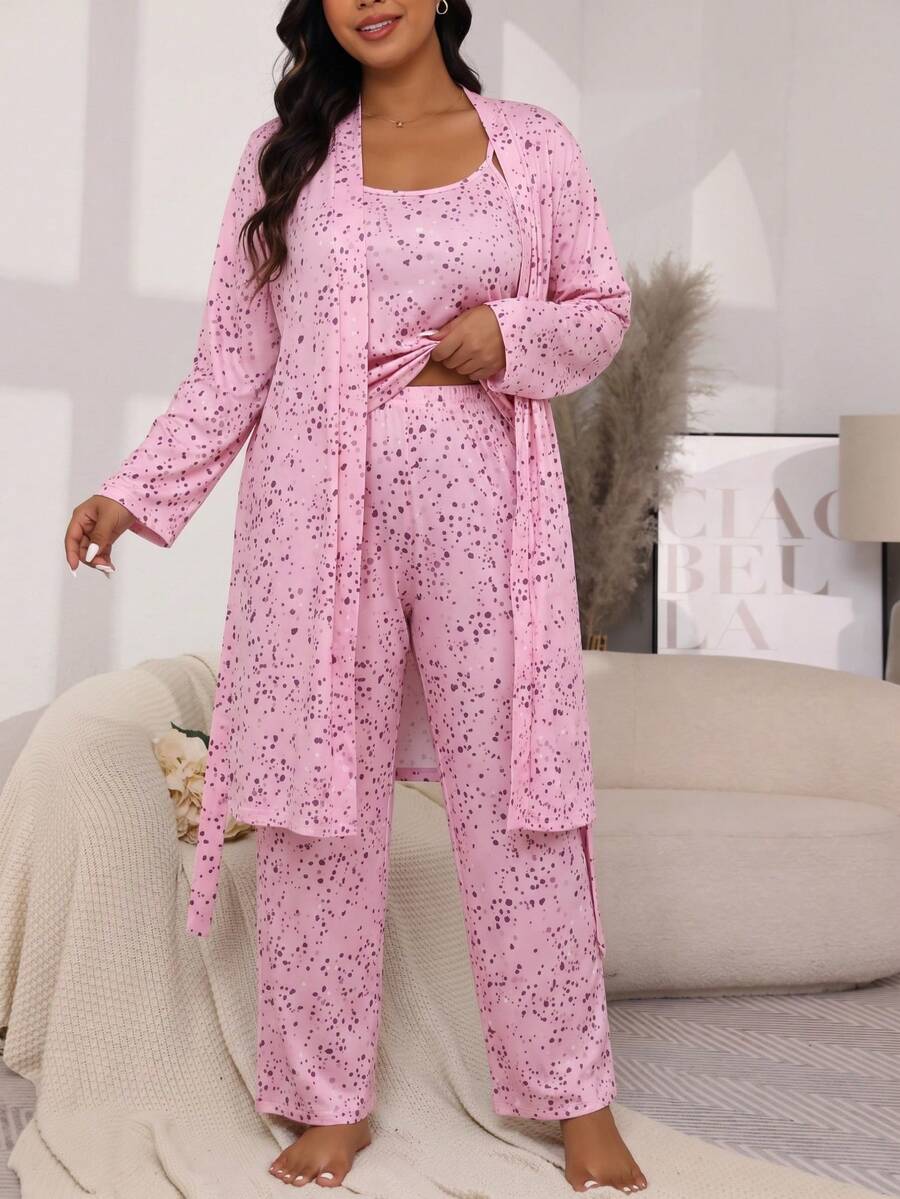 Plus Size Women's 3 Pieces Pajama Set Camisole + Robe + Long Pants, Casual Comfortable Loungewear For Autumn/Winter - Pink - View 1