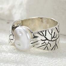 Vintage Bohemian Wide Band Ring, Engraved Leaf Pattern, Women's Decorative Jewelry Gift - Silver - View 5