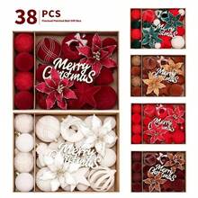38pcs Christmas Decorations Ins European Style Flocked Christmas Flowers & Christmas Balls Set, Christmas Tree Ornaments - View 1