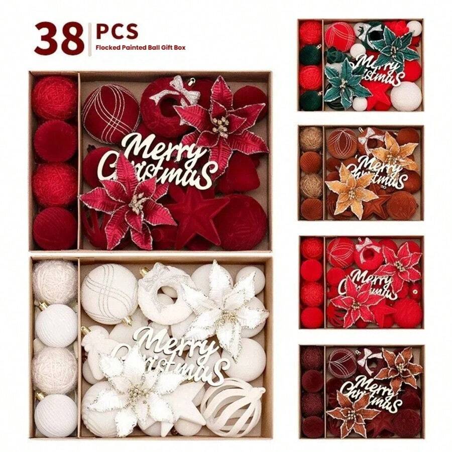 38pcs Christmas Decorations Ins European Style Flocked Christmas Flowers & Christmas Balls Set, Christmas Tree Ornaments - View 1