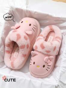 Hello Kitty 卡通貓咪設計女款毛絨豹紋一腳蹬舒適平底室內拖鞋 - 粉色 - 查看 10