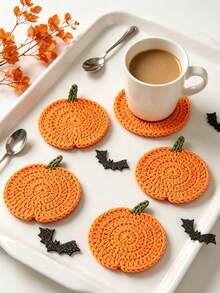 Handmade Crocheted Pumpkin Coasters, Pumpkin Pattern Fabric Drink Coasters, Absorbent Coffee Table Mats, Rustic Country Style Decor, Suitable For Autumn, Halloween, Thanksgiving Tabletop Decoration, Perfect Autumn Gift For Friends And Family - Multicolor - View 2