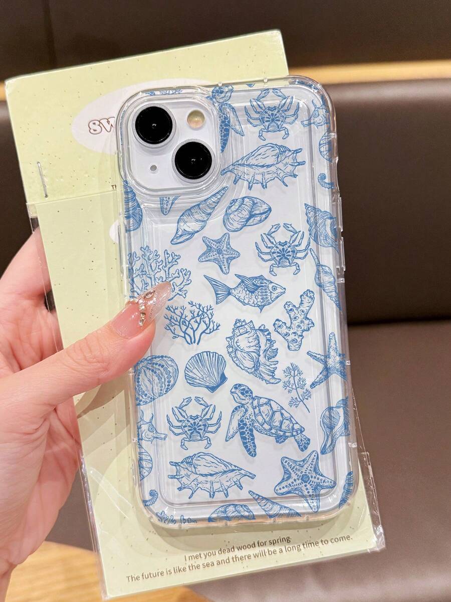 1件 極簡線條海洋元素海龜與珊瑚圖案 氣墊防滑軟手機殼,適用於 iPhone 11/12/13/14/15/16 Pro Max - 彩色 - 查看 1