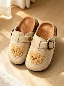 HAHABOBO Children's Beige Vintage Metal Buckle Closed Toe Slippers, Plush Bear Head Decor Soft Sole Autumn/Winter Shoes - Apricot - View 6