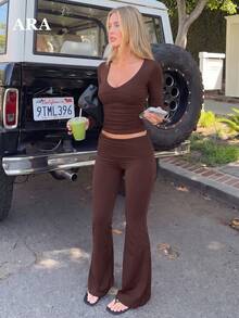 ARA Women's Autumn Brown 2 Pieces Set, V-Neck Long Sleeve Ruched Cropped Top and High-Waisted Long Sleeve Flare Pants, Back Ruched Detail Loungewear & Sportswear - Coklat - View 1