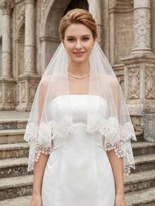 1 Pc 2 Tier Wedding Veil Fingertip Length Lace Applique Bridal Veil Blusher Veil With Metal Comb For Brides - Multicolor - View 2