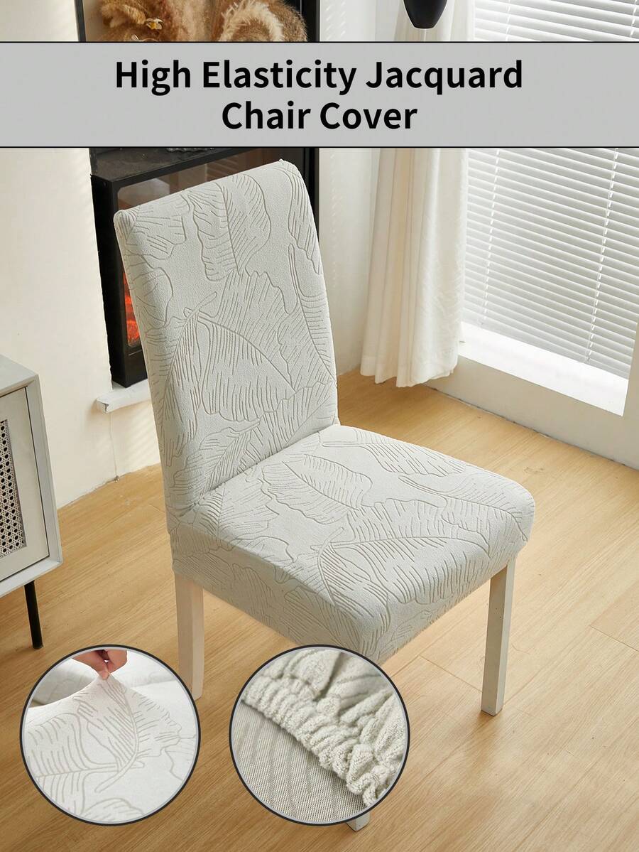 1pc Leaf Pattern Jacquard Chair Cover High Elasticity All Season Universal Home Hotel Use - Light Grey - View 1