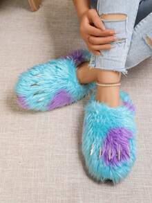 Women's Solid Color Platform Thick Sole Closed Toe Slippers, Thermal Lined Slip-On Bread Shoes, Bohemian Style Indoor/Outdoor Slippers For Autumn/Winter - Blue - View 4