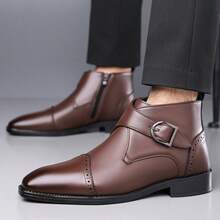Men's Brogue Ankle Boots Pointed Toe Metal Buckle Decor Side Zipper Faux Leather Dress Ankle Boots With Buckle Plus Size 48 - Brown - View 17