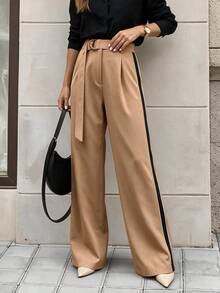 Women's Elegant Colorblock High Waist Straight Leg Pants With Belt, Daily Commute Spring/Autumn Outfit - Khaki - View 6