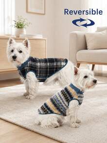 1pc Reversible Striped Plaid Dog Vest With Exquisite Leather Label, Soft And Warm Winter Pet Cotton Clothing, Suitable For Small And Medium Dogs Such As Maltese, Bichon, Yorkshire Terrier, Pomeranian - Royal Blue - View 6