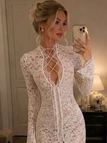 Kliou Shirring Ruffles Long Dress Women Sexy Deep V-Neck Split Jacquard Solid Tassel Petal Cuffs Street Elegance Thin Birthday Party Club - White - View 3