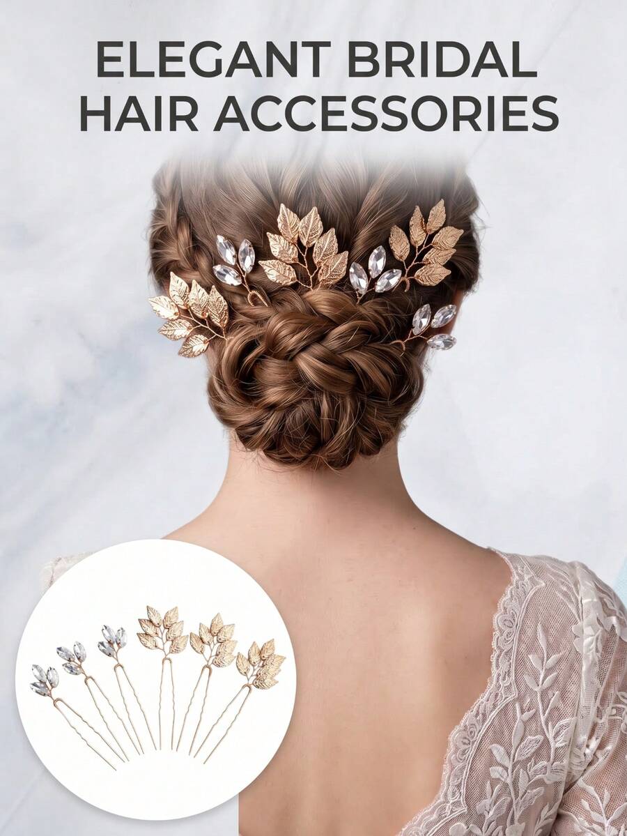 6pcs/Set French Vintage Gold Leaf Crystal Rhinestone Hair Sticks, Greek Goddess Style Braided Hair Decoration Hair Forks, Alloy Hair Accessories - Gold - View 1