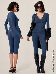TimeOff Setelan Wanita Satu Set Warna Polos Kerah V Silang Lengan Panjang Lipatan V Pinggang Tinggi Celana Panjang Sedang - Navy Blue - View 11