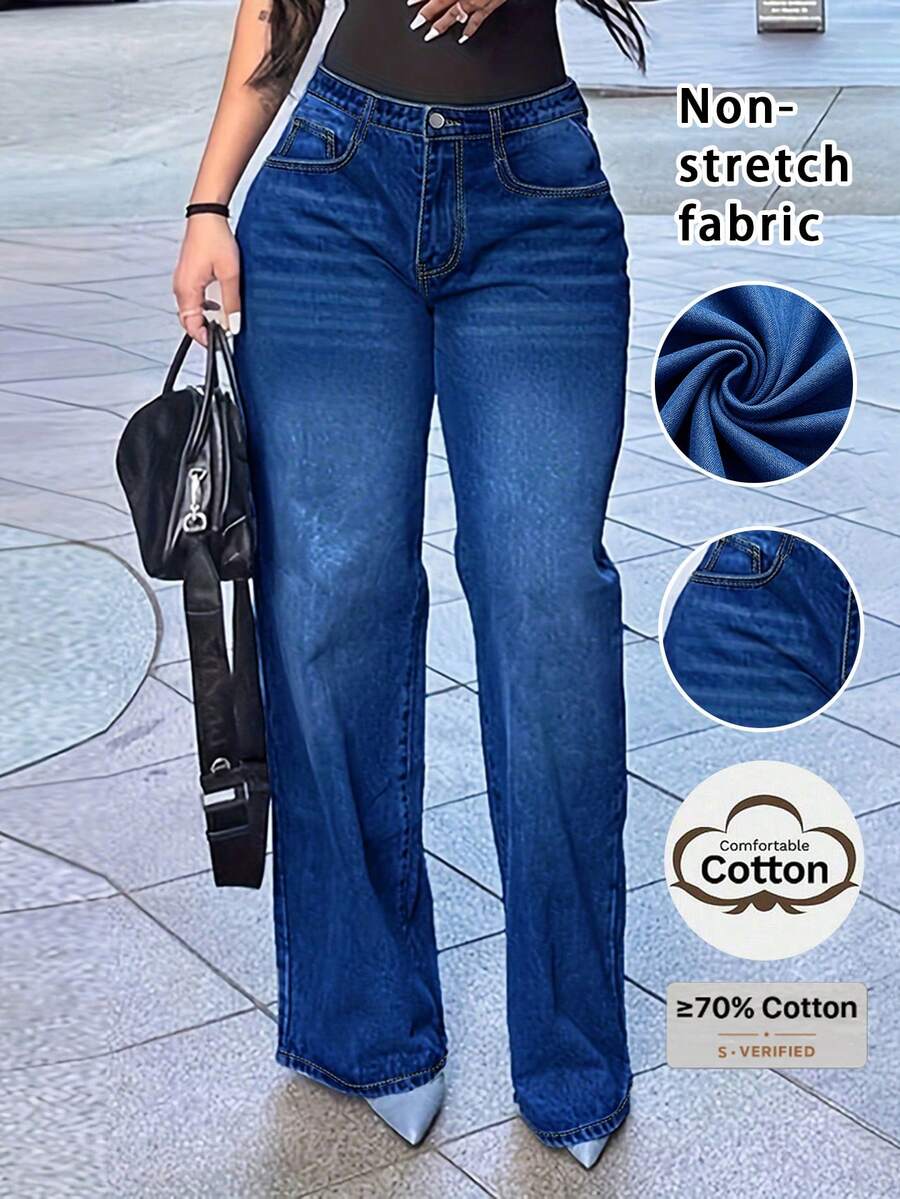 Jeans casuales de pierna recta minimalistas lisos para mujer, primavera y otoño