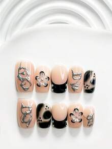 10pcs/Set Fashion Handmade Press-On Nails, Poly Gel Nail Art Set, Floral, Silver And Black Nail Polish, Exquisite Style, Includes Nail Tools, 3 Sizes Available: Square, Short Square, Almond, Suitable For Party, Dancing, Daily Wear (Handmade Details May Vary) - Multicolor - View 4