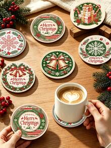 6/1pc Christmas Drink Coasters, Round Heat-Resistant Coffee Cup Mats, Santa Claus Snowman Reindeer Gingerbread Bear Gift Box Pattern, Holiday Table Decor, Ideal Christmas Gift, Home Kitchen Bar Stocking Filler - Multicolor - View 6