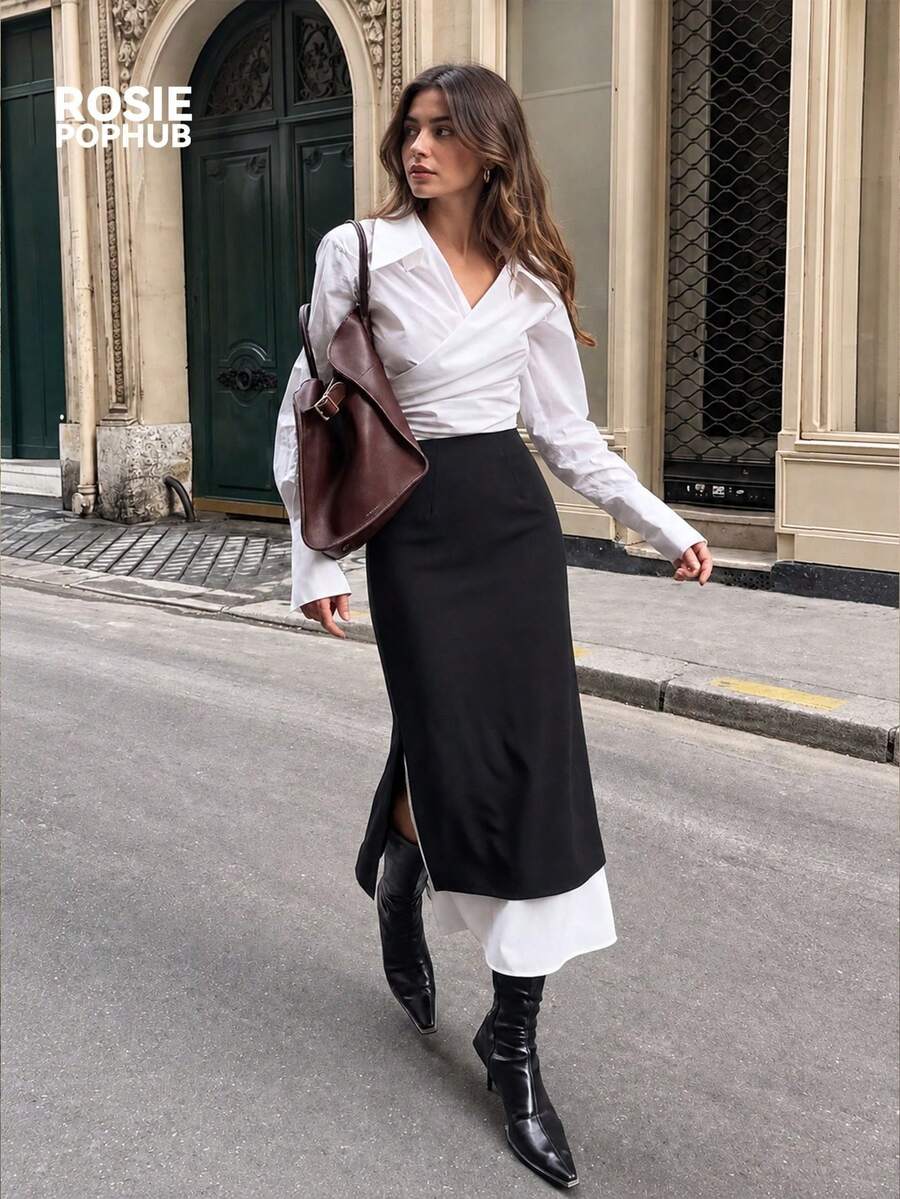 ROSIE POPHUB Women's Black Fdoc High Waist Double Layer Split Maxi Skirt Elegant Straight Long Midi Skirt Daily Commute Work Outfit For Fall & Winter - Black - View 1