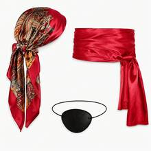 3pcs Pirate Costume Accessories Set, Satin Pirate Bandana, Belt And Eye Patch, Red/Black Pirate Costume Set, Unisex, Halloween Cosplay, Renaissance Festival And Costume Party - Multicolor - View 3
