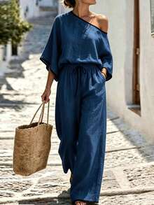 Elegant Commuter Colorblock Patchwork Design, Asymmetrical Shoulder Loose Top, Paired With Straight Leg Pants, Slanted Pockets, Woven Solid Color, Women's 2 Pieces Set - Navy Blue - View 6