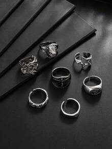 7pcs Vintage Gothic Style Ring Set, Silver Embossed Carved Rings, Punk Streetwear Stackable Finger Rings, European & American Men's Jewelry - Antique Silver - View 5