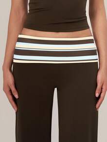 TimeOff Women's One Piece Autumn/Winter Striped Fold Waist Wide Leg Long Pants - Brown - View 5