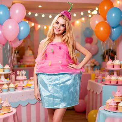 Women Halloween Cosplay Costume Dress, Pink Blue Cake Themed Tulle Dress With Candy Decor Adult Role Play Fancy Dress Outfit