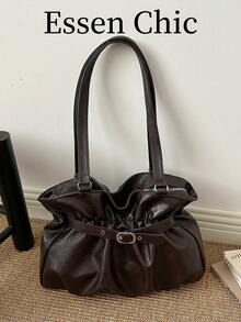 1pc Coffee Brown Large Capacity Solid Color PU Pleated Tote Bag Women Shoulder Bag - Coffee Brown - View 2