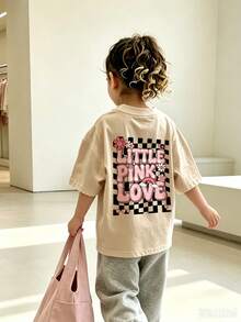 Baby GirlMinimalist Plaid Graffiti & Letter Print Round Neck Short Sleeve Cute Top - Apricot - View 2