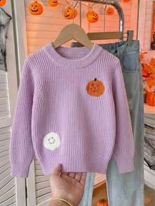 女童可愛萬聖節南瓜頭刺繡圓領長袖針織套頭毛衣，適合萬聖節、日常休閒、度假，春秋冬季穿著 - 紫色 - 查看 1