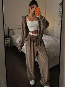 Women's Casual Velvet Drawstring Zipper Jacket And Pants 2 Pieces Set, Elegant For Autumn/Winter - Khaki - View 3