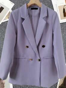 Spring/Summer Women's Solid Color Long Sleeve Double-Breasted Blazer, Notch Lapel | Suitable For Dating, Party, Outing And Holiday Celebration - Taro Purple - View 3