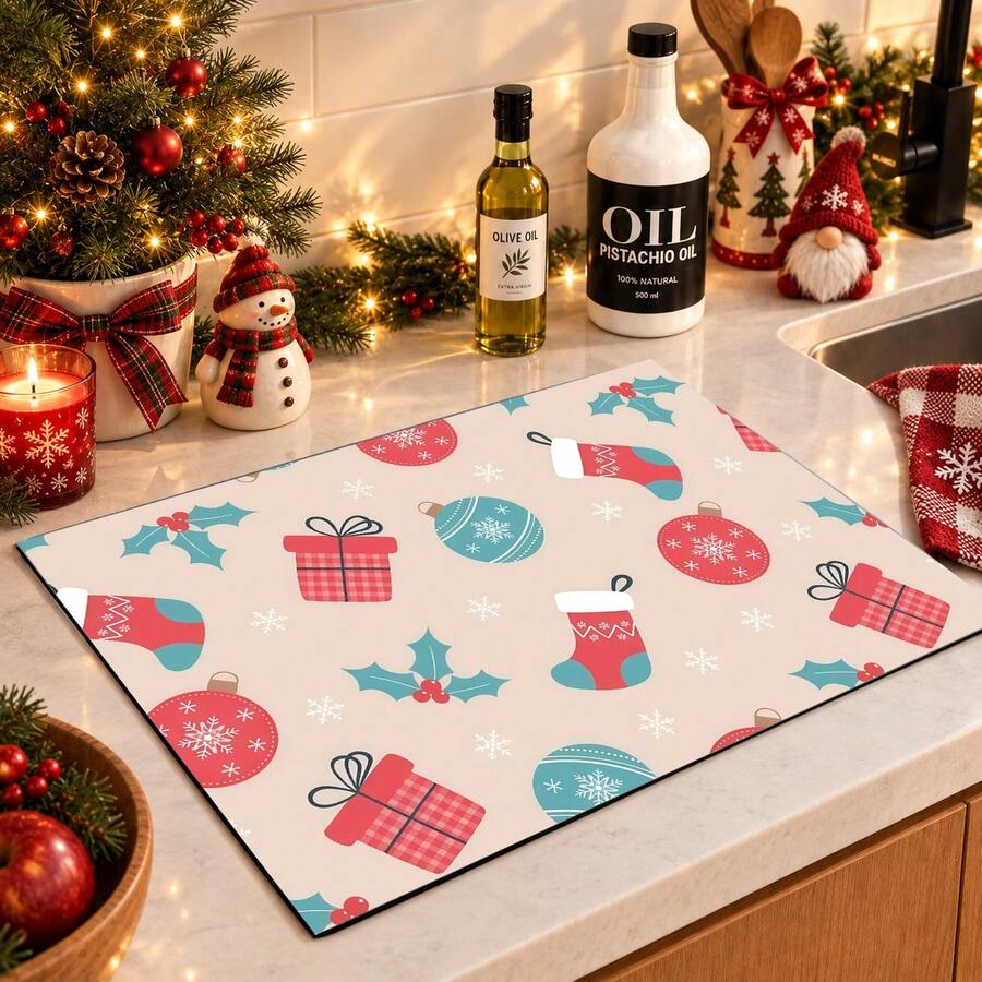 1pc Christmas Themed Printed Pattern Dish Drying Mat, Kitchen Countertop Bowl & Plate Rubber Bottom Drying Pad, Party Decoration, Super Absorbent Hidden Stain Dish Drying Mat, Soft Diatomaceous Earth With Rubber Backing Multi-Functional Kitchen Home Mat, Quick Dry Mat For Coffee Machine & Dish Rack, Kitchen Countertop Coffee Mat & Dish Drying Pad - LL LSD015 - View 1