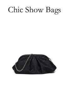 Tas Clutch Malam Wanita Bertabur Berlian Imitasi, Pola Berlian Imitasi Berkilau, Lapisan Kain, Rantai Lipat Berkerut yang Dapat Dilepas, Gaya Glamor Mewah, Pesta Pernikahan - Hitam - View 6