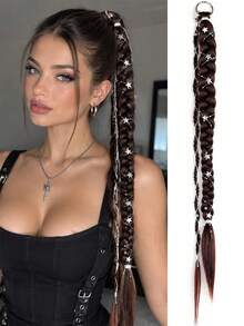 Women Black Decorative Braid Hair Extension, Long Braided Hairpiece With Star Ornaments, Easy Clip-In Design For Cosplay And Daily Hairstyle - Multicolor - View 9