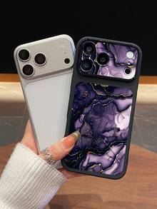 1pc Purple Tone Gold Marble Fluid Tie Dye Pattern Large Window Phone Case, Ins Luxury High-End Style; Black Matte Marble Texture Phone Case, Raised Lens Full Coverage Anti-Drop Soft Shell, Suitable For Personal Use, Valentine's Day, Birthday Gift Choice; Compatible With IPhone Case & Galaxy Case - Black - View 3