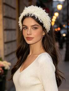 1pc Fluffy Fringe Wide Headband For Women,Elegant Solid Color Hair Accessory For Daily Date & Holiday - Multicolor - View 2