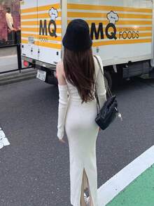 Autumn New French Style Elegant Asymmetrical Shoulder Knit Dress, Slim Fit Sexy Bodycon Long Dress, Women's Autumn Pullover Dress - White - View 8