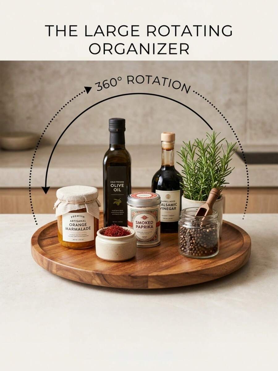 1pc 360° Rotating Wooden Tray, Spice Rack, Kitchen Organizer, Turntable, Multipurpose Wooden Platter, 8-Inch Round Wooden Spice Holder, Suitable For Kitchen Cabinet And Storage, Housewarming, Father's Day, Graduation Gift