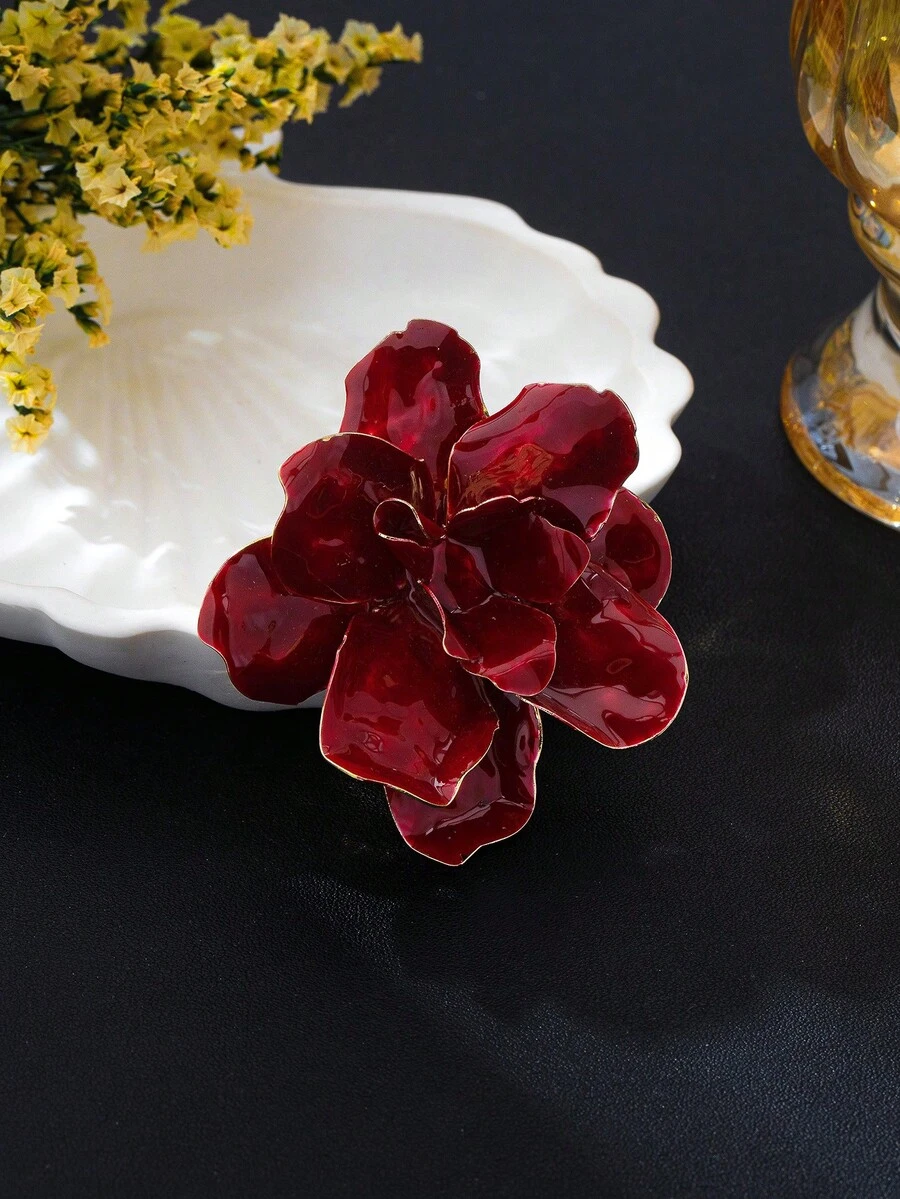 1pc French Style Heavy Work Camellia Flower Brooch, 3D Petal Design, Luxury Evening Dress Coat Flower Decoration Pin - Burgundy - View 1