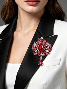 1pc Palace Style Heavy Rhinestone Water Drop Pendant Brooch, Vintage Luxurious Hollow Design Suit Coat Pin, Banquet Wedding Dress Accessory High-End Corsage - Silver - View 5