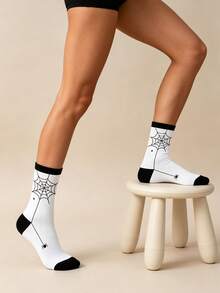 1 Pair Halloween Black & White Spider Web Breathable Mid-Calf Socks For Men Women Couples - Black and White - View 9