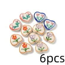 6pcs Hand-Painted Heart-Shaped Ceramic Beads, Floral Pattern Decorative Beads, Sweet Hand-Painted Flower Decorative Beads, Suitable For DIY Bracelets, Necklaces, Earrings And Other Jewelry Making And Handicrafts - Color Mixing - View 6